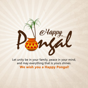Happy Pongal festive greeting with a pot and sugarcane