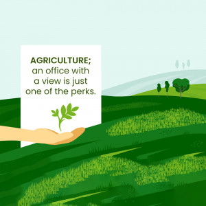 Illustration of a hand holding a seedling with a landscape background and text about the benefits of agriculture.