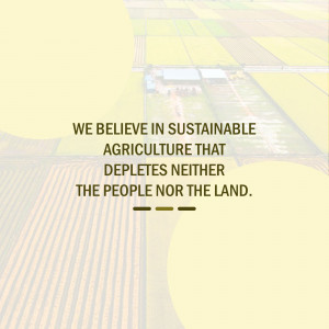 Aerial view of farmland with text promoting sustainable agriculture.