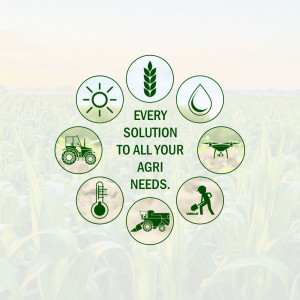 Graphic depicting various agricultural solutions including weather monitoring, irrigation, drone technology, and harvesting.