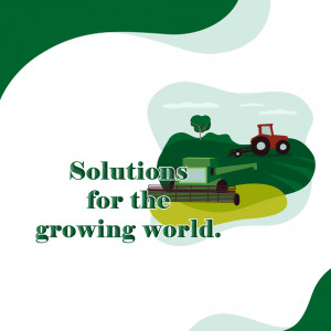 Illustration of a tractor and farming equipment in a green field with the text 'Solutions for the growing world.'