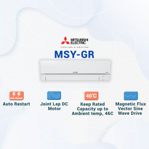 Mitsubishi Electric MSY-GR series air conditioner with key features highlighted