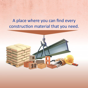 Assortment of construction materials including bricks, steel beams, and tools.