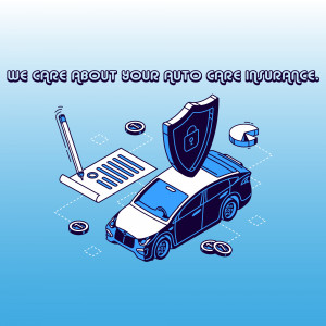 Isometric illustration of car insurance with a car, shield, coins, and paperwork.