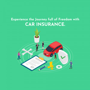 Isometric illustration of car insurance concept with a red car, people, and insurance documents.