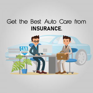 Illustration of two men discussing car insurance with a car in the background.