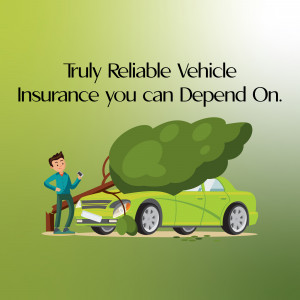 Cartoon illustration of a damaged car with a man and a tree, representing vehicle insurance.
