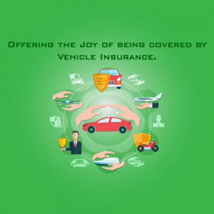 Illustration depicting vehicle insurance coverage with hands protecting a car and various transportation icons.