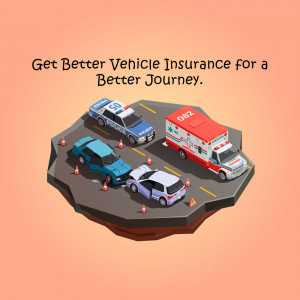 Isometric illustration depicting various vehicles and emergency services, promoting vehicle insurance.