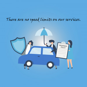 Illustration of a car with insurance coverage and people representing fast service.