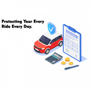 Isometric illustration of car insurance concept with a red car, clipboard, calculator, and coins.