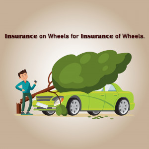 Cartoon illustration of a damaged car with a man and a tree, representing car insurance needs.
