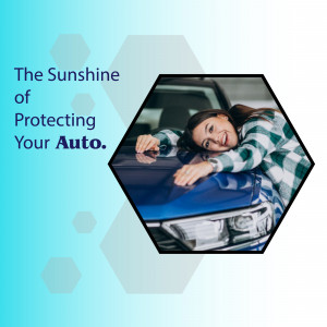 Woman leaning on a blue car with a protective coating, advertising auto protection services.