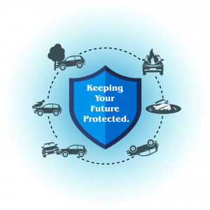 Illustration of a shield protecting cars from various accidents.