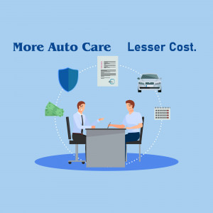 Illustration of two people discussing auto care with icons representing cost savings and vehicle maintenance.