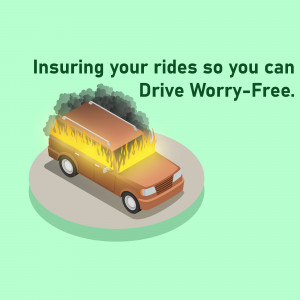 Isometric illustration of a burning car with text promoting worry-free driving through insurance.