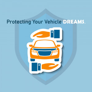 Shield graphic with car and hands representing vehicle insurance