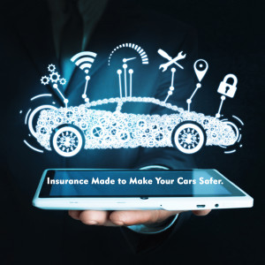 A hand holding a smartphone displaying a futuristic car made of gears and connected technology icons.