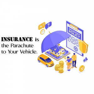 Isometric illustration of vehicle insurance with an umbrella protecting a house, car, and family.