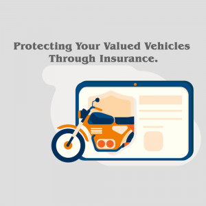 Illustration of a motorcycle inside a smartphone screen with text about vehicle insurance.