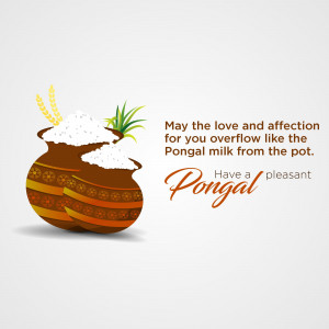 Pongal pot overflowing with milk and rice, with festive text