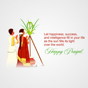 Illustration of a couple celebrating Pongal with a pot of Pongal and sugarcane.