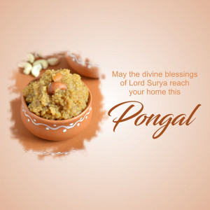 Pongal dish in an earthen bowl with decorative elements and text wishing blessings.