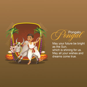 Illustration of a boy leading a bull with Pongal decorations