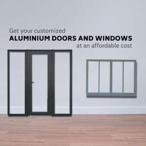 Image of custom aluminum doors and windows with text promoting affordable costs.