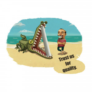 Cartoon illustration of a crocodile with its mouth open around a pole, with a man standing on a beach.