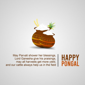 Illustration of a traditional Pongal pot with rice overflowing, and festive text.