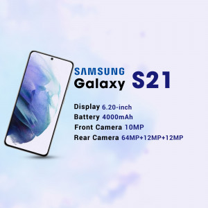 Image of a Samsung Galaxy S21 smartphone with specifications.