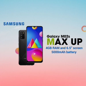 Samsung Galaxy M02s smartphone with colorful graphic