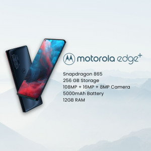 Motorola Edge+ smartphone with specifications displayed
