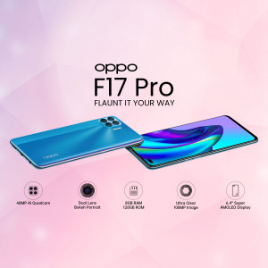 Oppo F17 Pro smartphone with a gradient blue finish, showcasing its features.