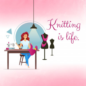 Illustration of a woman knitting with sewing machine and mannequin.