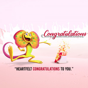 Cartoon chameleon celebrating with fireworks and a gift.