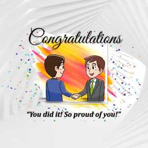Illustration of two men shaking hands with confetti and a congratulatory message.