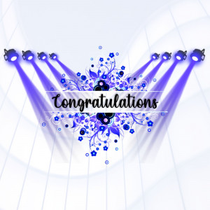 A graphic with the word 'Congratulations' illuminated by spotlights and floral elements.