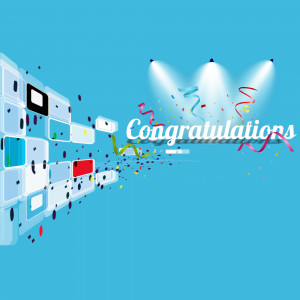 Abstract background with confetti, spotlights, and the word 'Congratulations'.