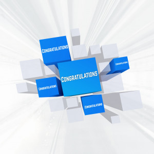 3D rendering of floating blocks with the word 'Congratulations' on them.