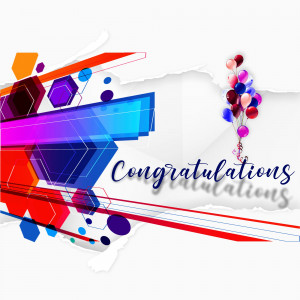 Abstract congratulations background with balloons and geometric shapes.