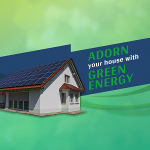 House with solar panels and green energy advertisement