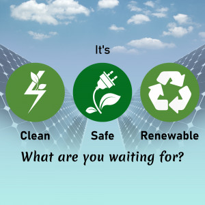 Icons representing clean, safe, and renewable energy with a solar panel background.