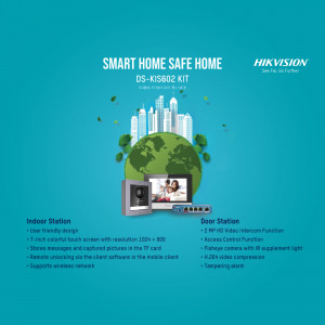 Hikvision DS-KIS602 Smart Home Safe Kit advertisement featuring a globe with city skyline and product images.