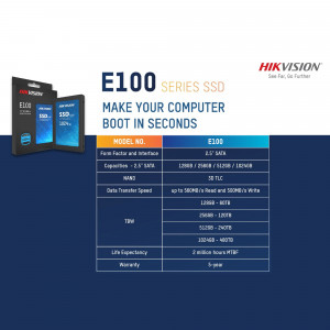 Hikvision E100 Series SSD product image with specifications
