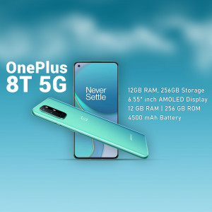 OnePlus 8T 5G smartphone in aqua blue color with specifications