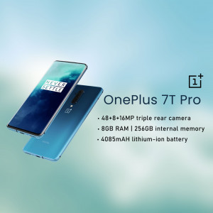 OnePlus 7T Pro phone with blue gradient color and specifications