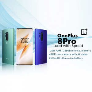 OnePlus 8 Pro smartphone in green, black, and blue colors