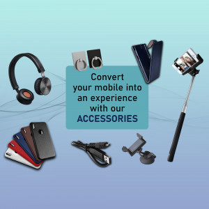 Collection of mobile phone accessories including headphones, cases, selfie sticks, and chargers.